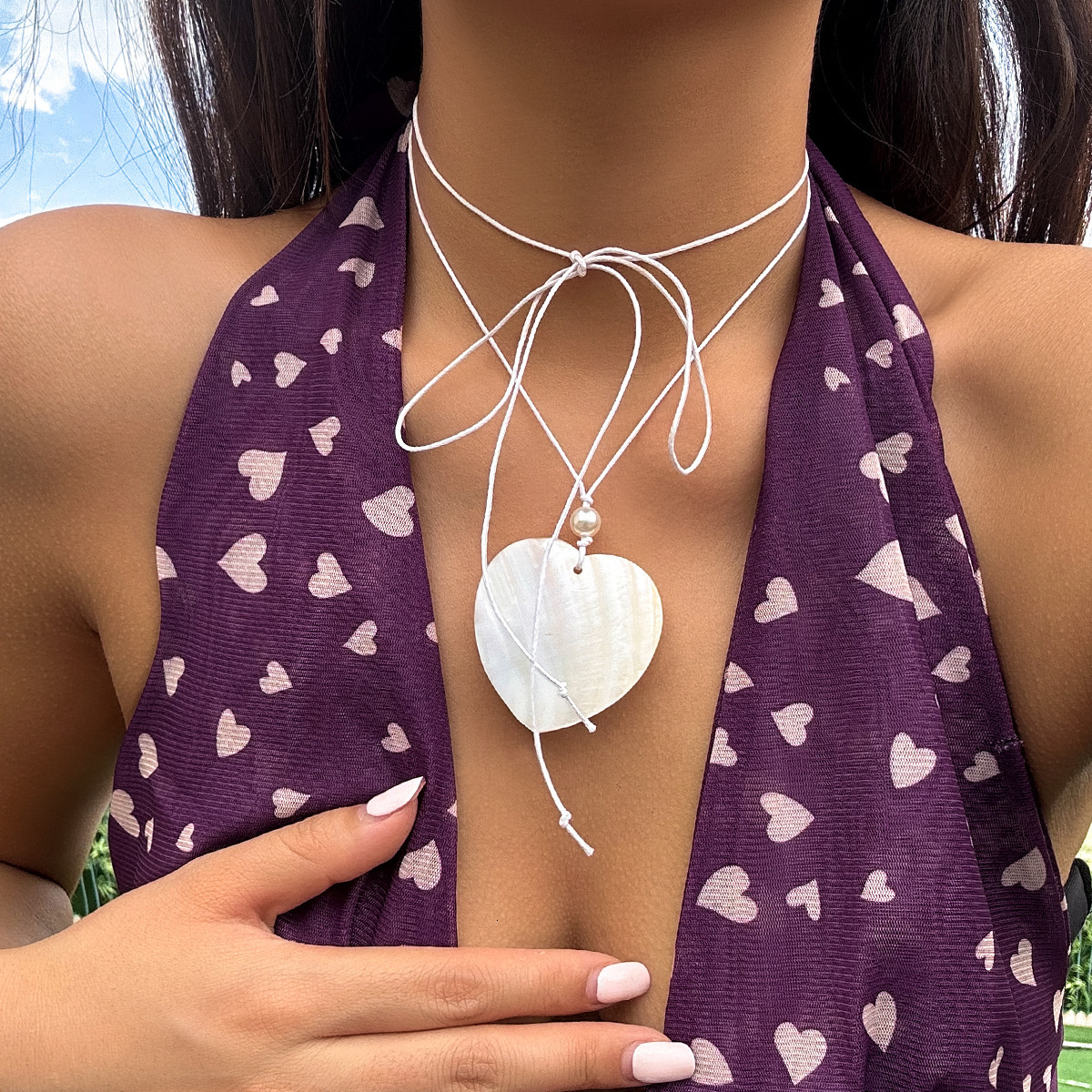 New Style Vacation Pastoral Heart-Shaped Ring Pendant Beach Long Water Drop Shell Necklace