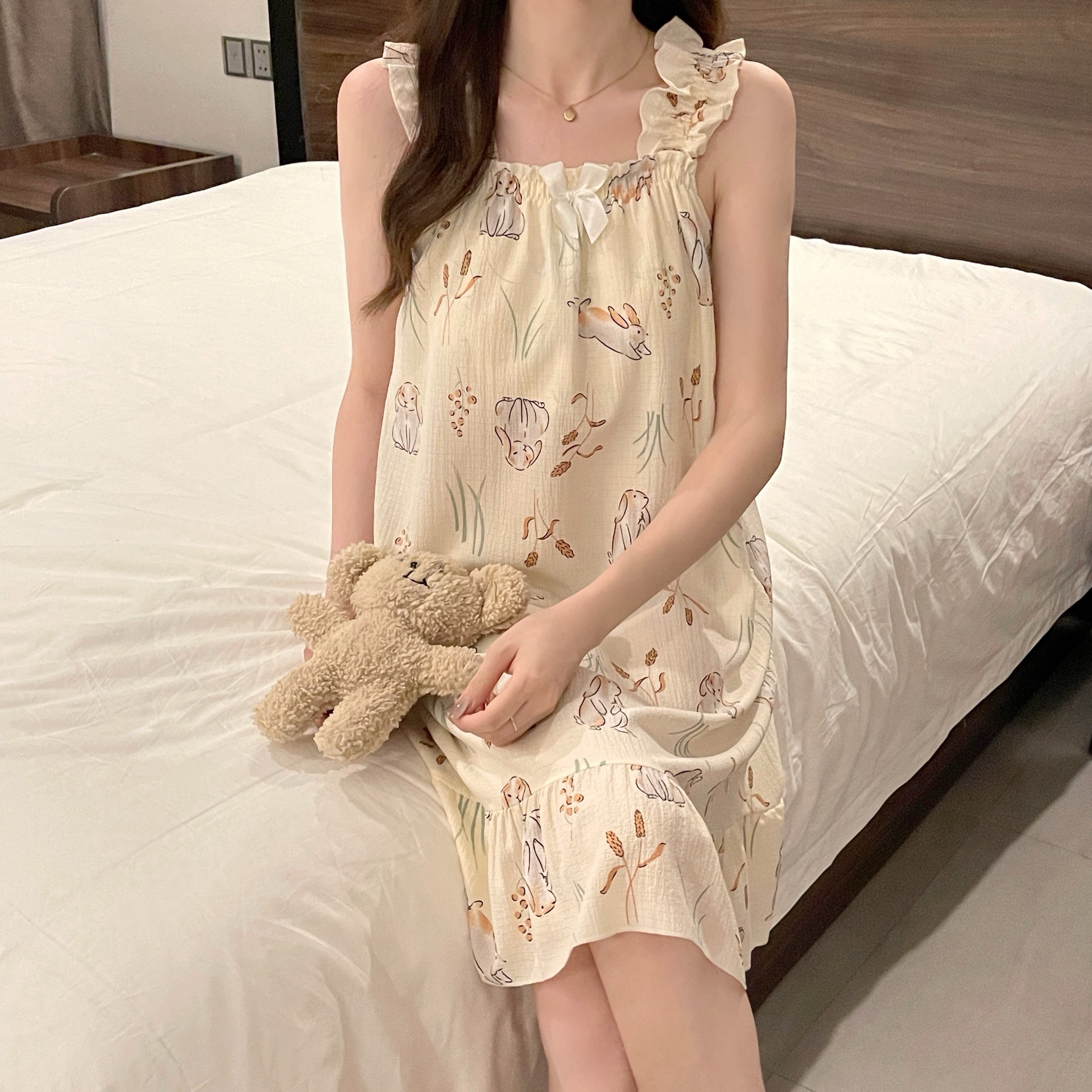 2025 women's models spring and summer sweet ins style halter mid-length loose nightgown female home dress grey rabbit