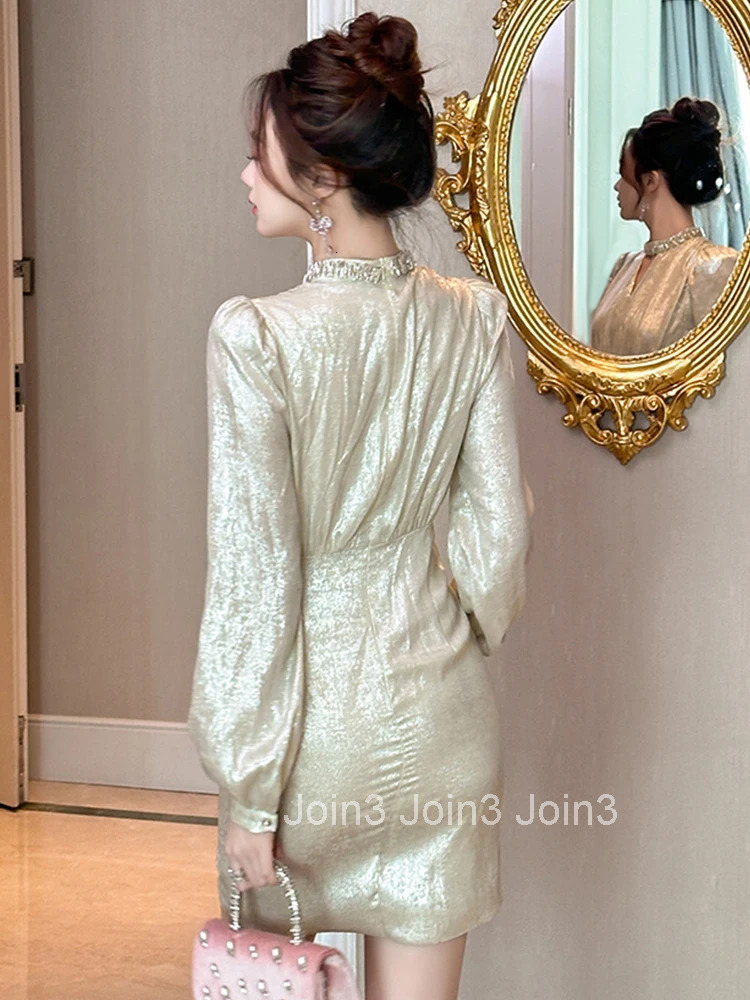 New Autumn Winter Fashion Elegant Luxury Asymmetrical Short Dress Women Clothes Hollow Sexy Puff Sleeve Slim Party Prom Vestidos