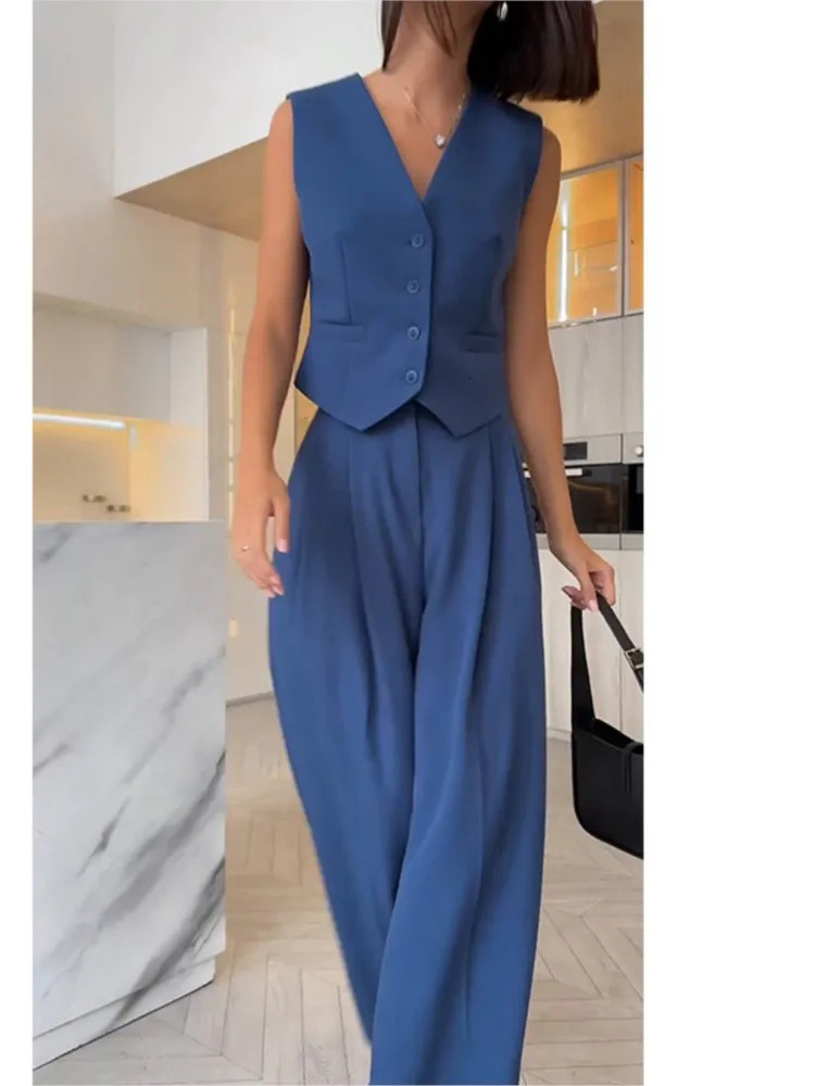 casual sleeveless suit set office lady spring summer elegant slim vneck blazer tops pants two piece women outfit 2024 250616