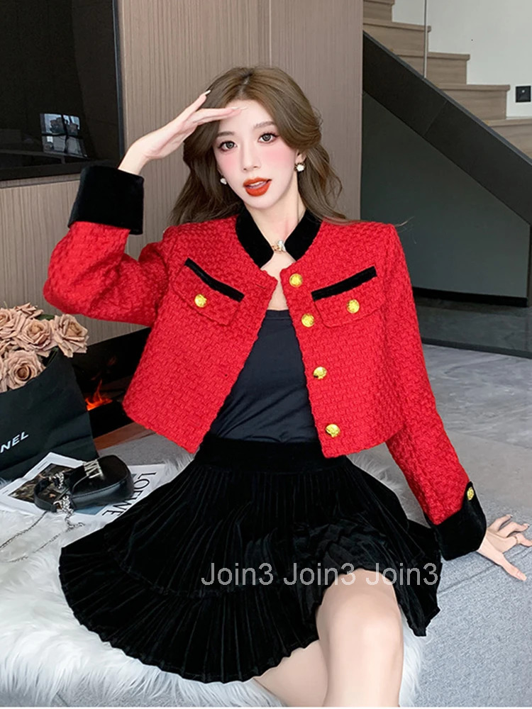 Korean Fashion Vintage 2 Pieces Outfits Women Ladies Mujer Elegant Red Coat Jacket Outwear And Strap Mini Dress Short Set Autumn