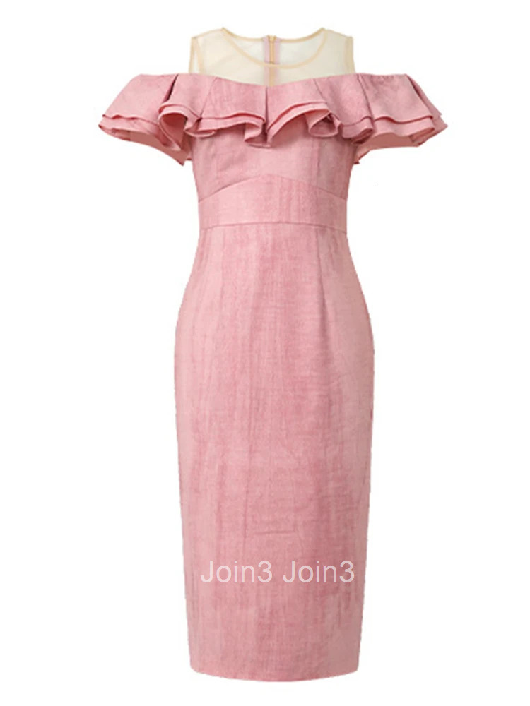 Women Clothes Sweet Formal Occasion Mesh Sheer Sexy O-Neck Ruffle Slim Midi Pencil Dress Elegant Party Prom Vestidos Casual New