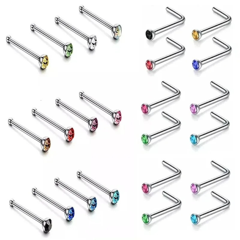 4060 PcsSet Crystal Stainless Steel Nose Piercing Pack Straight Ring Kit L Stud Helix Body Jewelry 250613