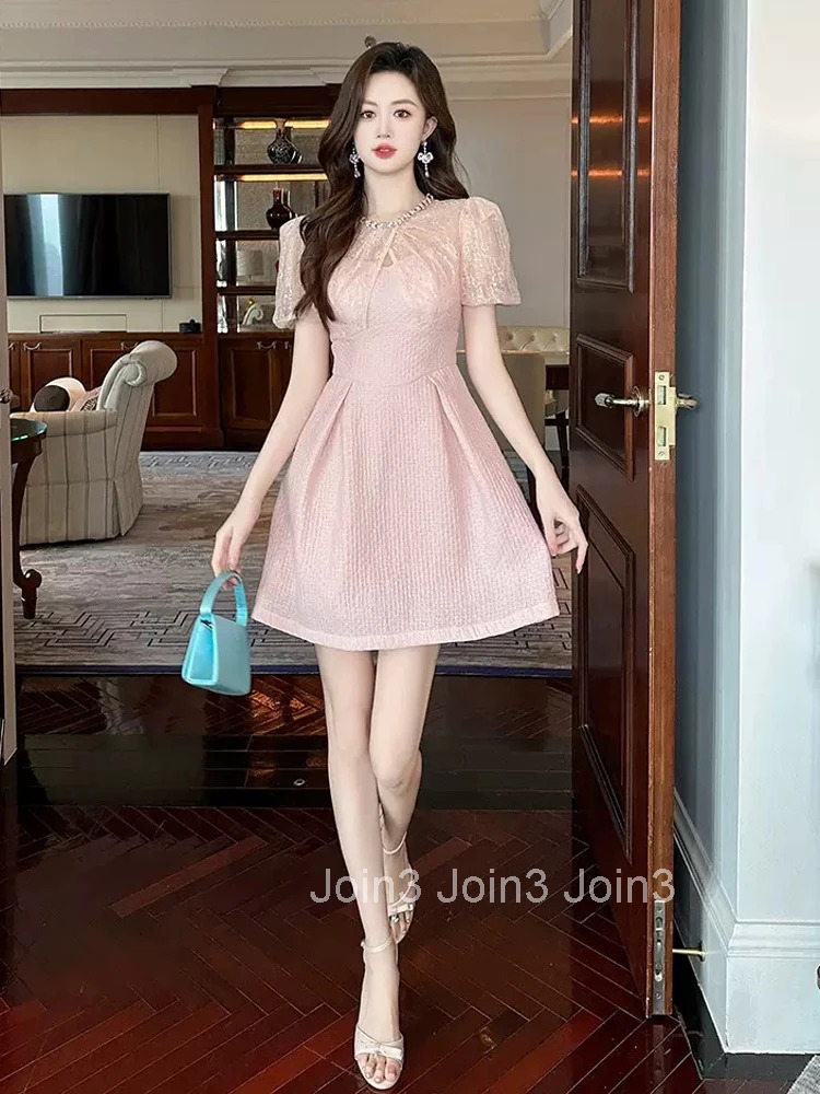 Women Clothes Sweet Pink Lace Sheer Sexy O-Neck Slim A-Line Mini Short Dress Elegant Ladies Fashion Evening Party Prom Vestidos