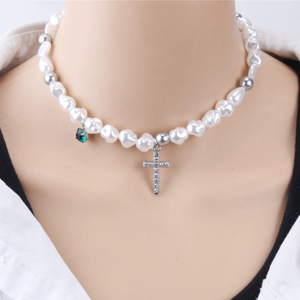 European-American Inspired Trendy Pearl Necklace Unique Cross Shape