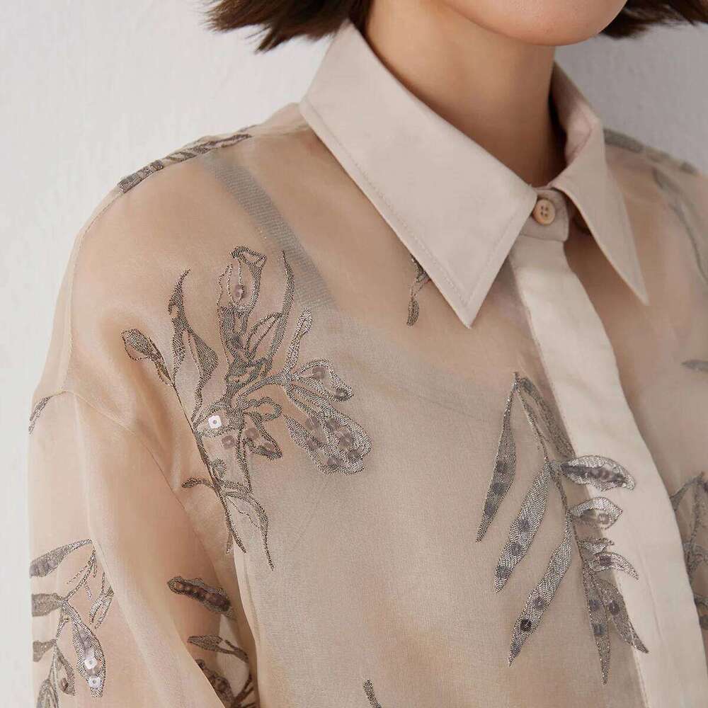 K3014w Lapel 100% Silk Blouse Embroidery Sequin Advanced Ready To Wear Clothing