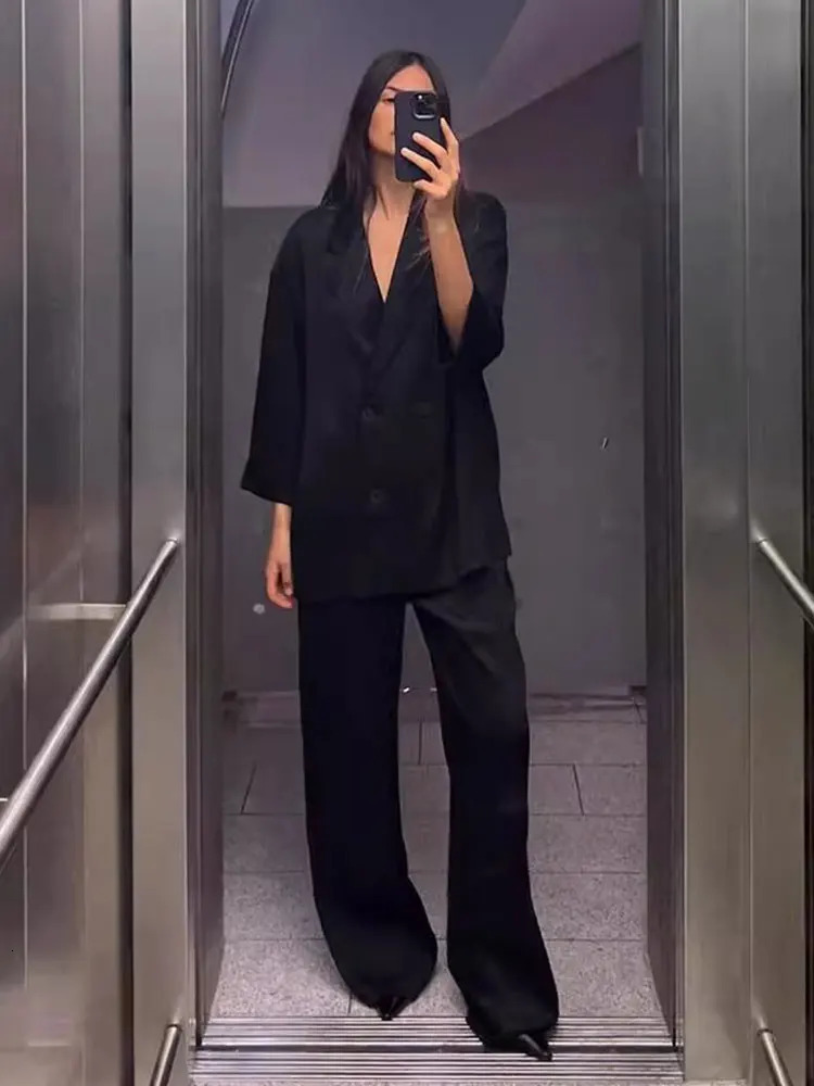 2024 Autumn Women Casual Blazer Coat Pants Set Long Sleeve Double Breasted Wide Leg Trousers Lady Office Outfit 250614