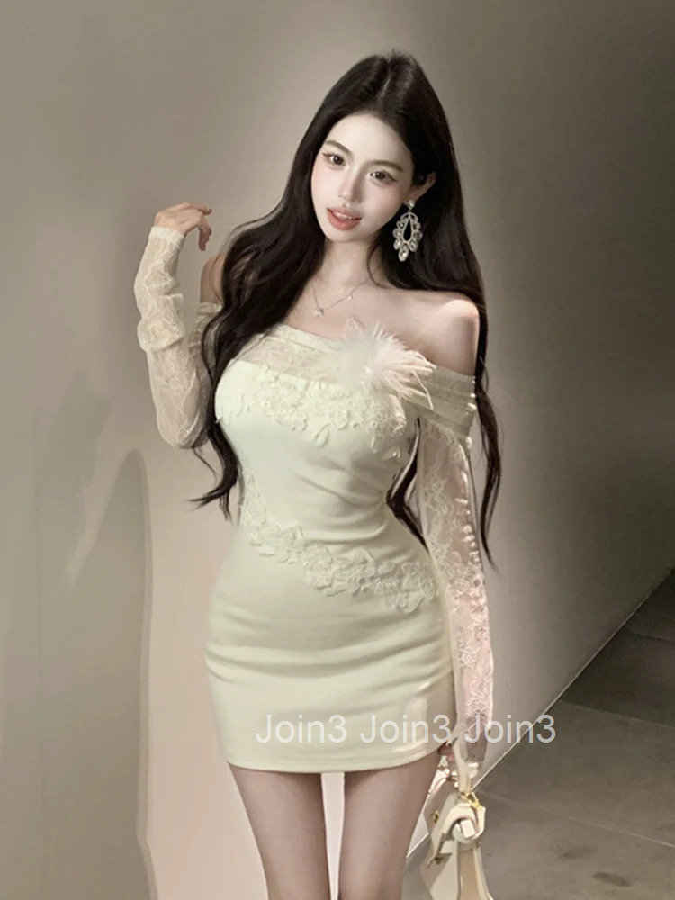 Hotsweet Sweet Date Dress Women Cute Gentle Sheer See Through Lace Flower Bodycon Short Gown Prom Nightclub Dance Vestidos Lady