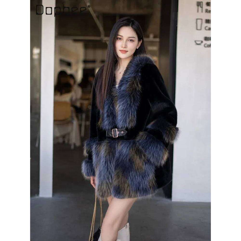Fox Coat Women 2024 New Mink Fur Jackets V Neck Belt Decorate Warm Long Sleeve Outwear Female Trendy Elegant