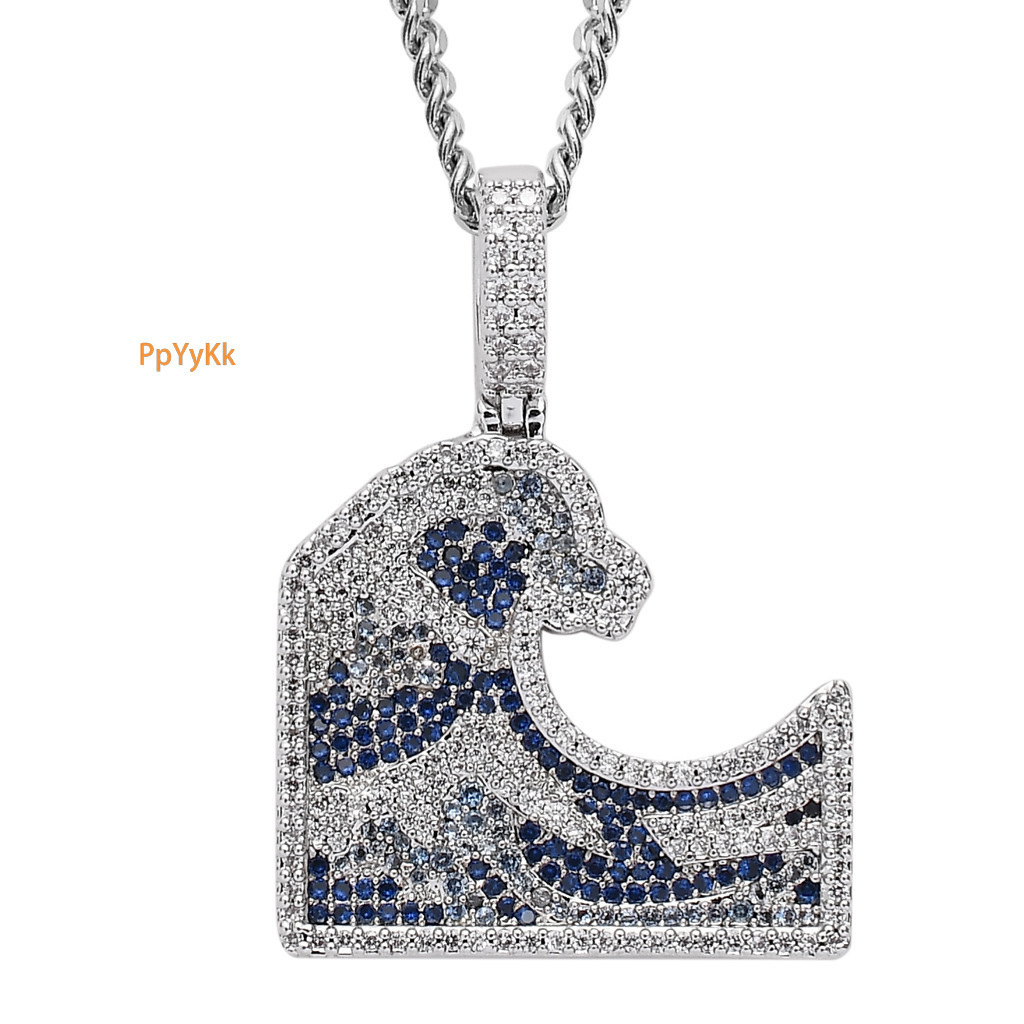 Luxury Moissanite Bling Iced Out Great Wave Kanagawa Colorful Diamond Studded Hip Hop Men's Trendy Necklace Accessory Pass the diamond tester