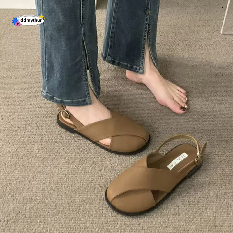 Women's Peep-Toe Sandals 2025 New Summer Korean Style French Mori Fairy Casual Flat Roman Shoes ddmythur