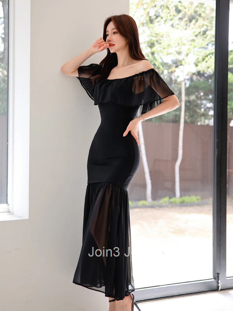 Fashion Lady Black Vacation Evening Dress Women Clothes Elegant Ruffle Sexy Off-Shoulder Slim Long Maxi Party Prom Vestidos Robe