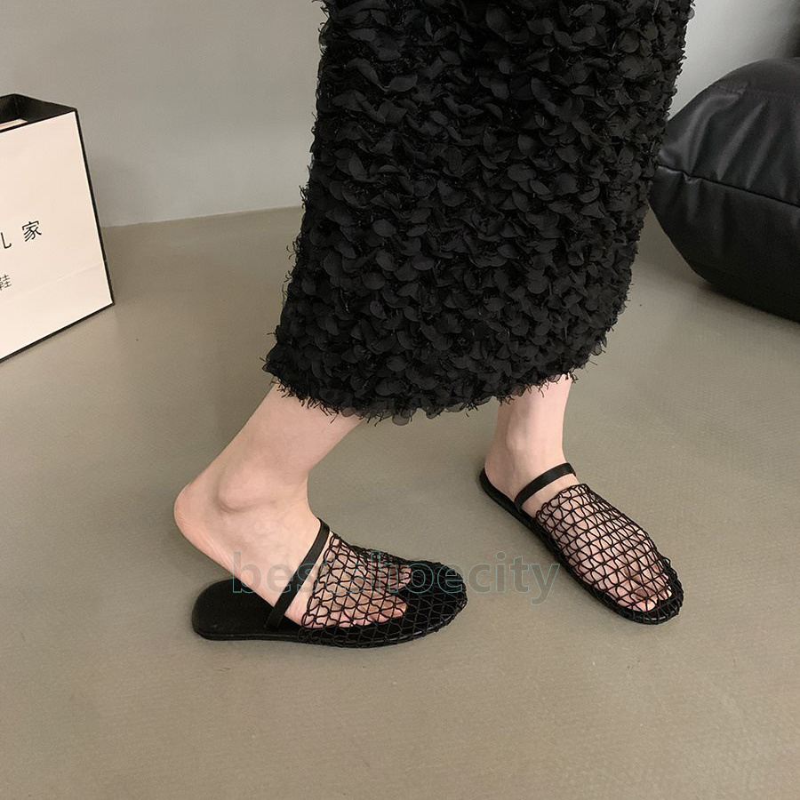 designer sandals summer slides hollow out mesh slippers fishnet women shoes crochet net flats heels sandal fashion simple sandale mules