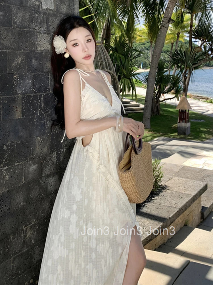 Women Vacation Clothes Sweet Floral Hollow Sexy Sling V-Neck Loose Maxi Long Dress Elegant Fashion Party Prom Vestido Robe Beach