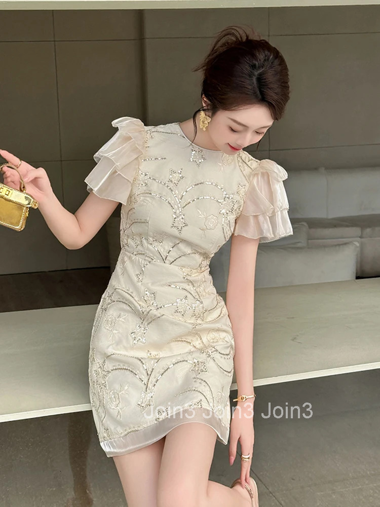 New Elegant Summer Fashion Sequin Sweet Evening Short Dress Women Bubble Sleeve Slim A-Line Party Prom Vestidos Street Clothes