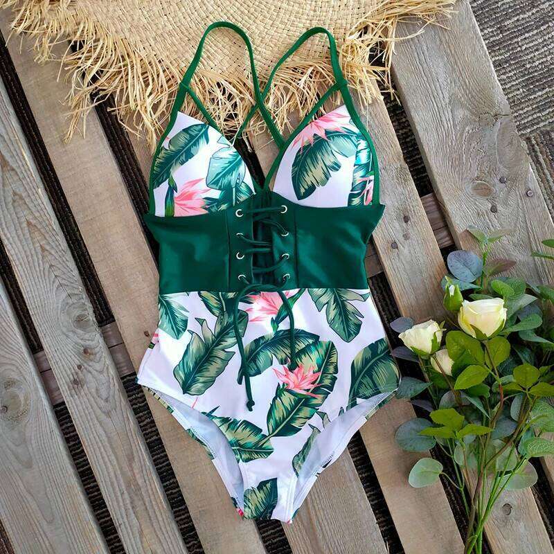 2025 New Abdomen Control Wasit Push Up Swimsuit Print Swimwear Vintage Retro Bathing Suits Bodysuit Beach Wear Backless XXL