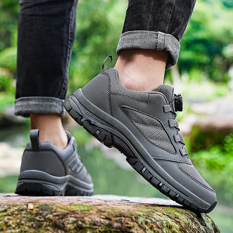 Mens Sneakers Stylish Rotating Buckle Hiking Boots Solid Color Comfortable Nonslip Sporty Shoes Plus Size Leather 250624