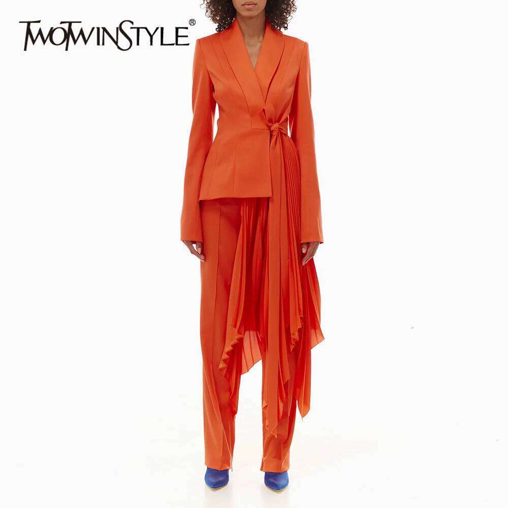 TWOTWINSTYLE Solid Asymmetrical Blazers For Women Shawl Collar Long Sleeve Tunic Patchwork Lace Up Designer Slim Coats Female