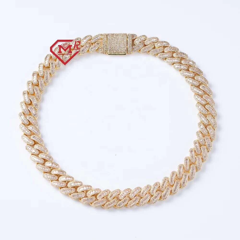 Iced Out 17mm Hiphop Cuban Link Chain 925 Silver VVS Baguette Diamond Moissanite Cuban Chain