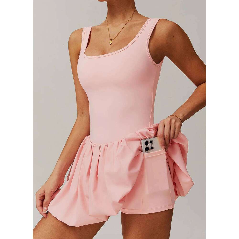 SEEKSUC Women's Naked Sports Jumpsuit Gym Yoga Outdoor Running Fiess Tennis Skirt with Bra and Shorts Inside