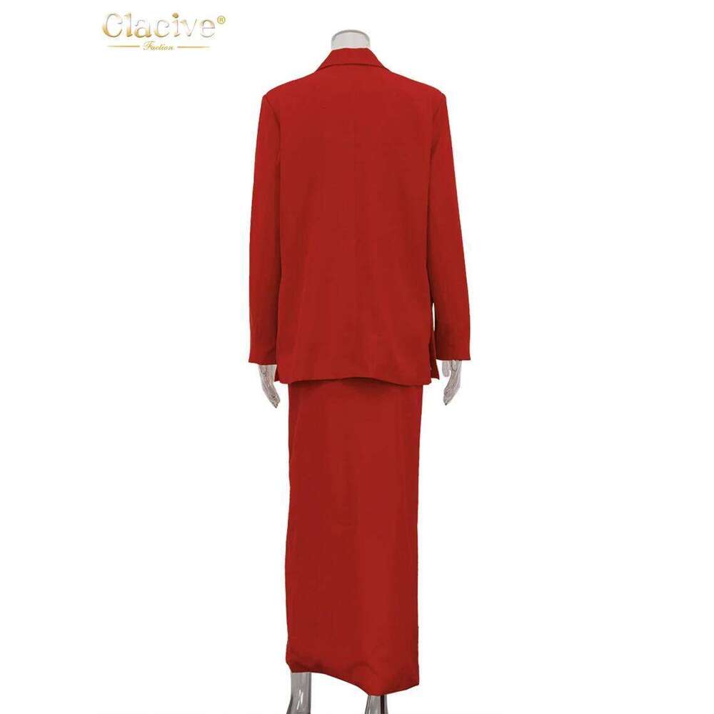 Clacive Fashion Loose Red Office Women's Two Pieces Elegant Sleeve Blazer With High Waist Slit Long Skirt Set Female
