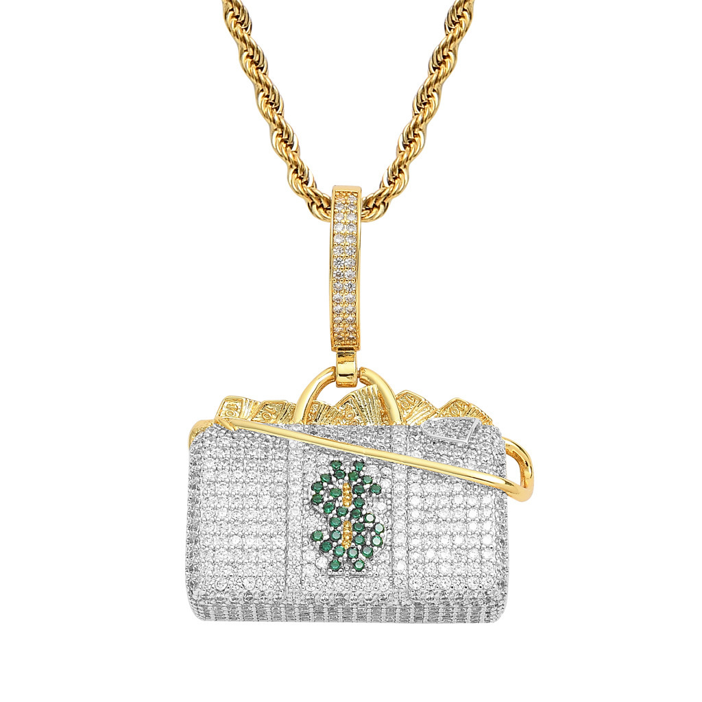 New Arrival Moissanite Necklace with Diamond encrusted Hip Hop Dollar Pouch Pendant, Trendy and Stylish Pass the diamond tester