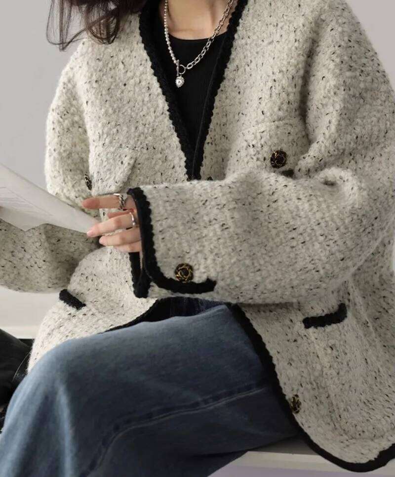 Sweet Hot Girl Elegant V-neck Woolen Coat Women's Autumn/winter Retro Loose Tweed Long-sleeved Jacket Fashion Female Clothes