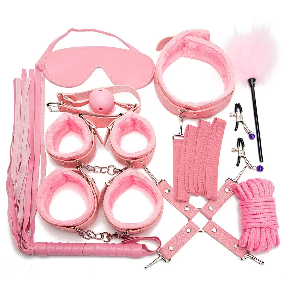 Sexy Leather BDSM Kits Handcuffs Nipple Clamps Whip Spanking Plush Sex Bondage Set Handcuffs Sex Games Sex Toys for Women Men 250624