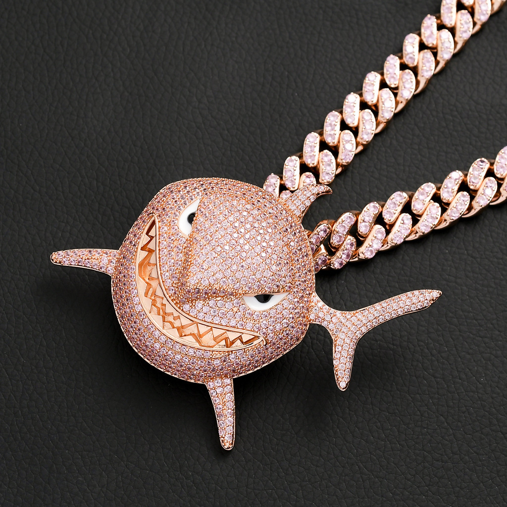 New Oversized Pink Shark Iced Out Bling Hip Hop Men's Moissanite Luxury Pendant Necklace Trendy Versatile Swag Pass the diamond tester