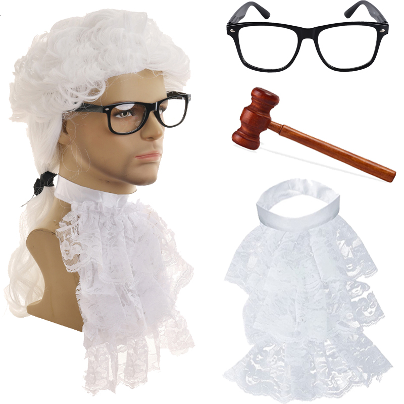 Judge Lawyer Long White Judge Curly Hair and Gray Marble Head Wig Synthetic Role Play Wig Women's Costume Wigs Judge Gavel Hammer Eyeglasses Acce