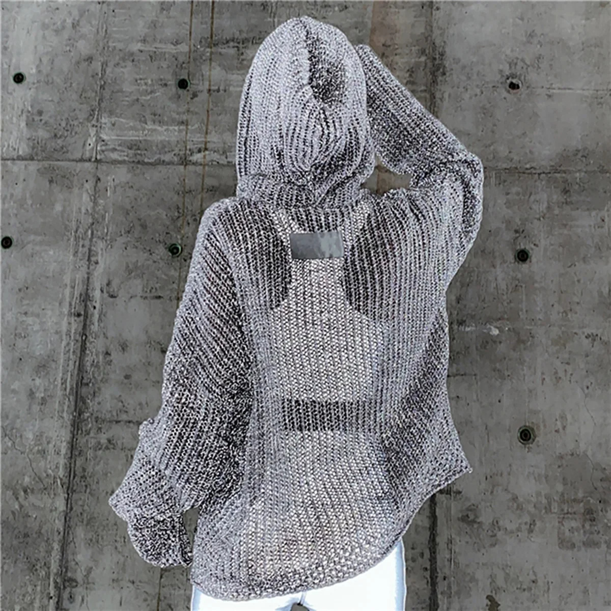 Loose Knitted Reflective Womens Hoodie Thin Hollow out n Night Glow Fashionable Korean Style Top Casual Streetwear 250616