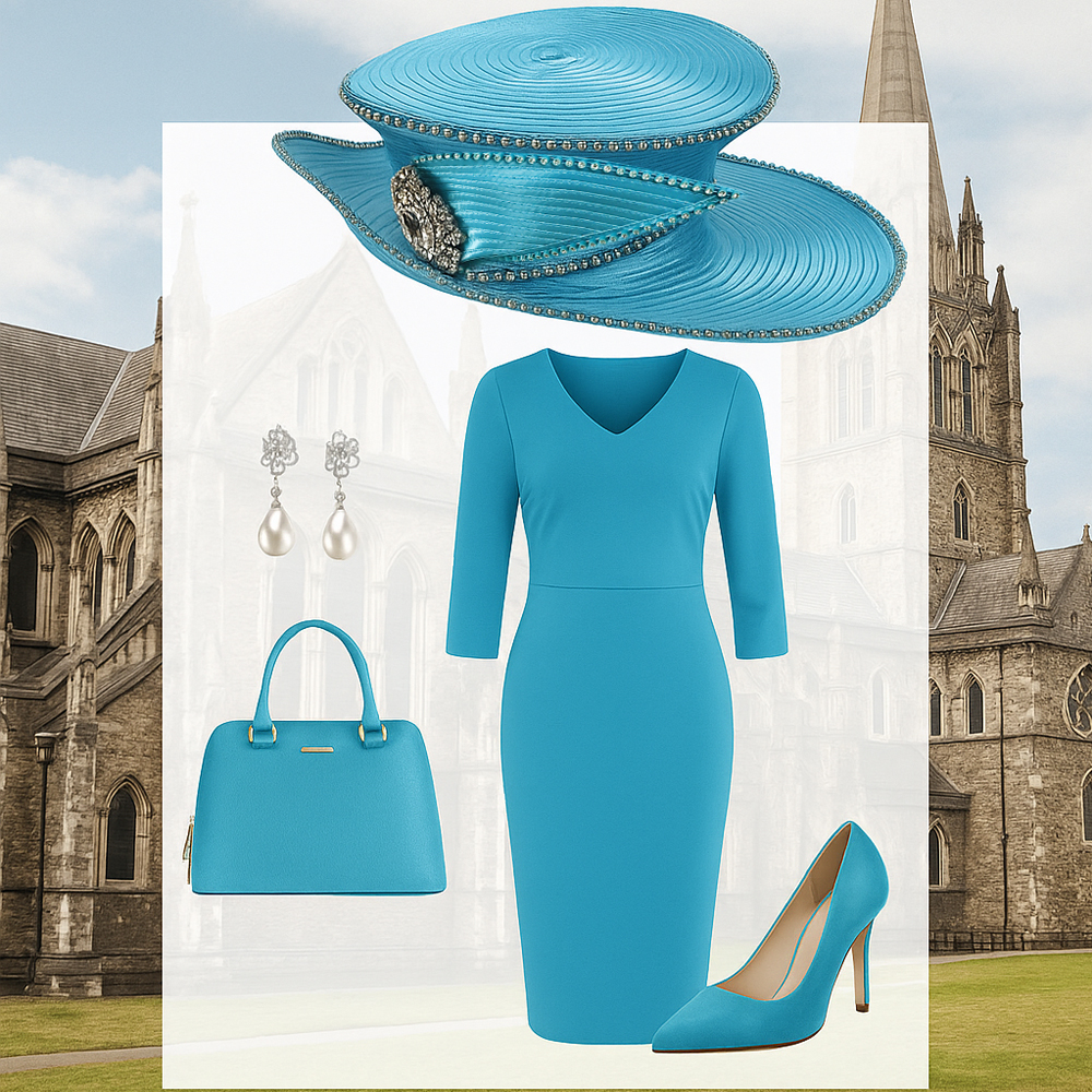 Elegant Blue Church Hat for Women - Wide Brim Derby Hat with Rhinestone Brooch for Race Day, Tea Party, Wedding & Sunday Church