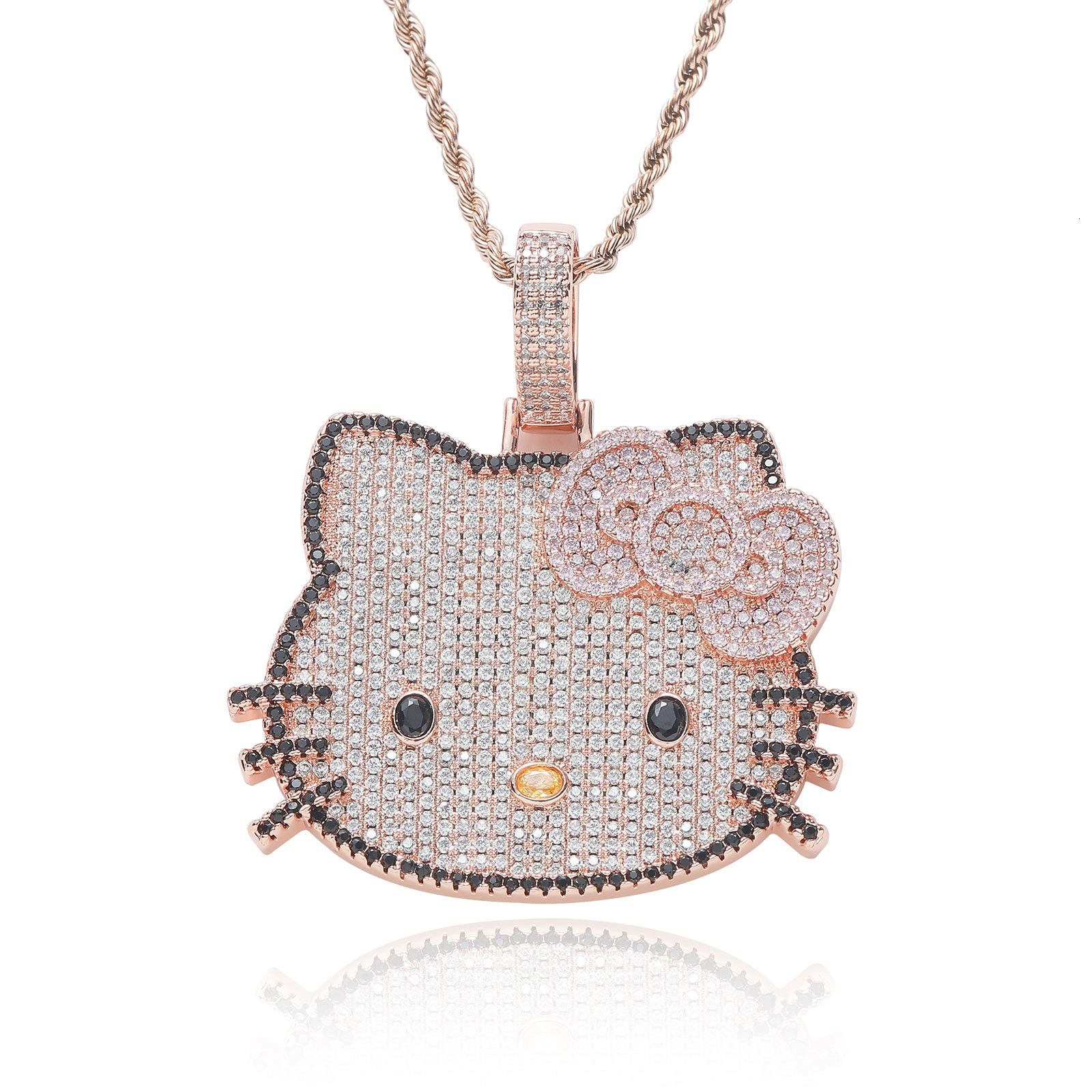 New Moissanite Hip Hop Solid Kitty Pendant Necklace with Pink Diamonds Cute Animal Theme for Men and Women Pass the diamond tester