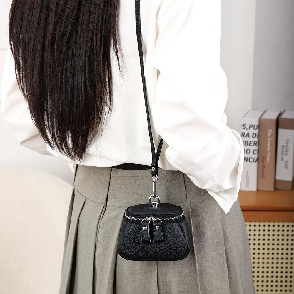 Compact Coin Purse Cowhide Genuine Leather Makeup Bag Hanging Neck Mini Handbag Women Men 250623