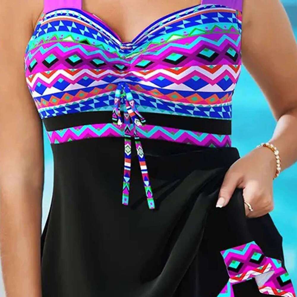 Split Swimwear Halter Lace Up Gathered Floral Printed Tankinis Women Drawstring Chest Pad V Neck Conservative Swimsuits