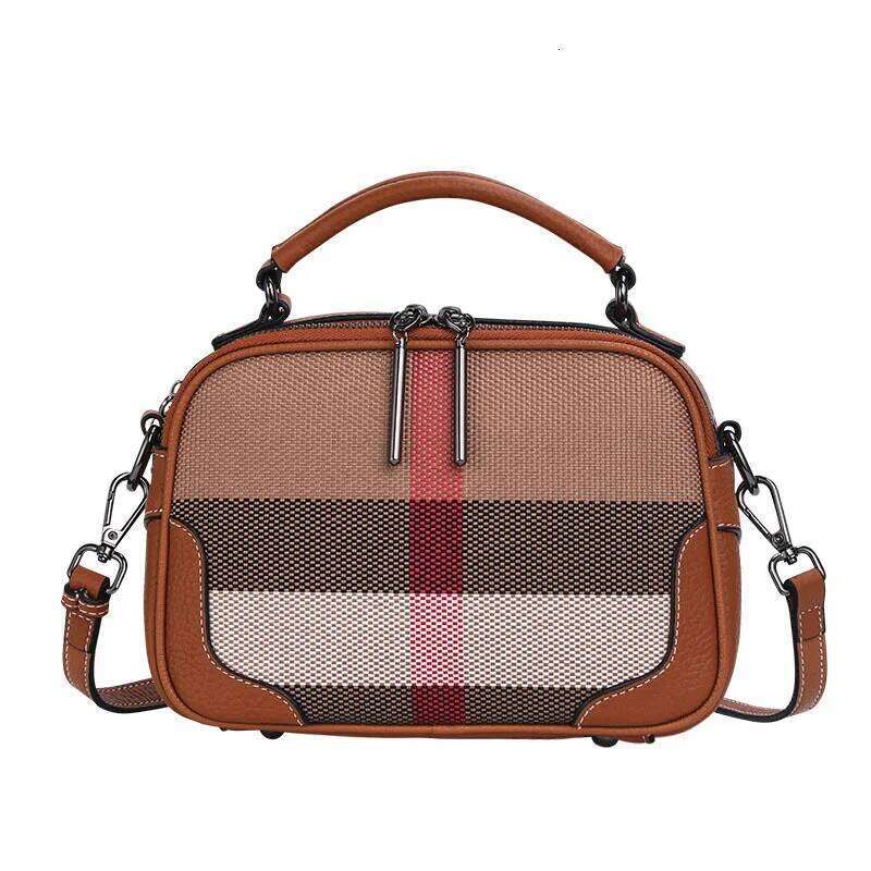 Classic Plaid Women's One Shoulder Crossbody Is A Mini Square Bag Made Of High-Quality Canvas And Cowhide