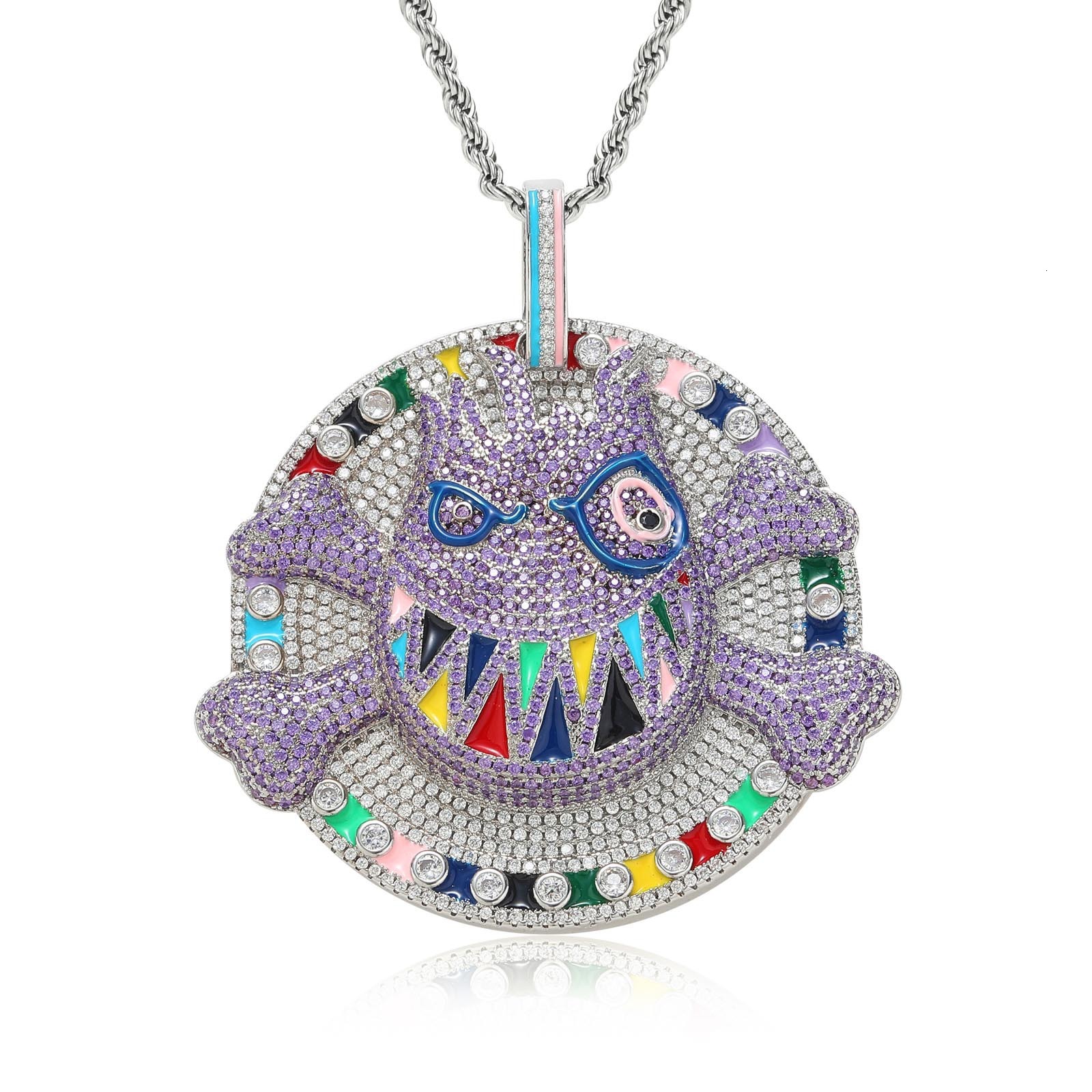 Luxury Moissanite Hip Hop Necklace Cartoon Emoji Pendant Diamond Studded Purple Disk Ghost Face Bone Personalized Exaggerated Accessory Pass the diamo