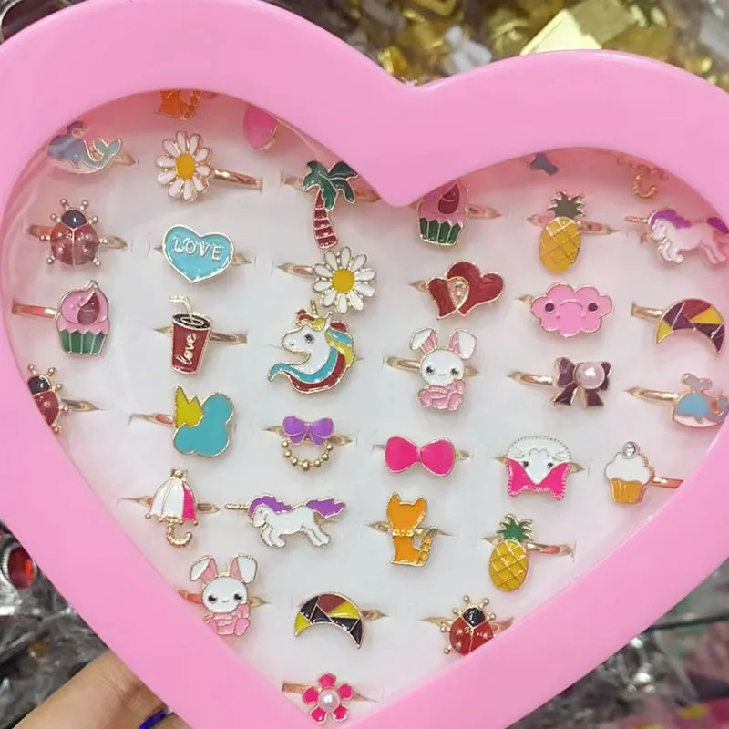 5/10/36Pcs Cute Cartoon Kids Rings Kawaii Korean Children Girls Enamel Flower Crown Finger Ring Child Jewelry 250624