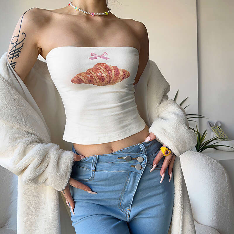 Summer New Short Sleeve Bread Casual Versatile Printed Crop Spicy Girl Outfit Base Shirt Tube Top Small Vest B5