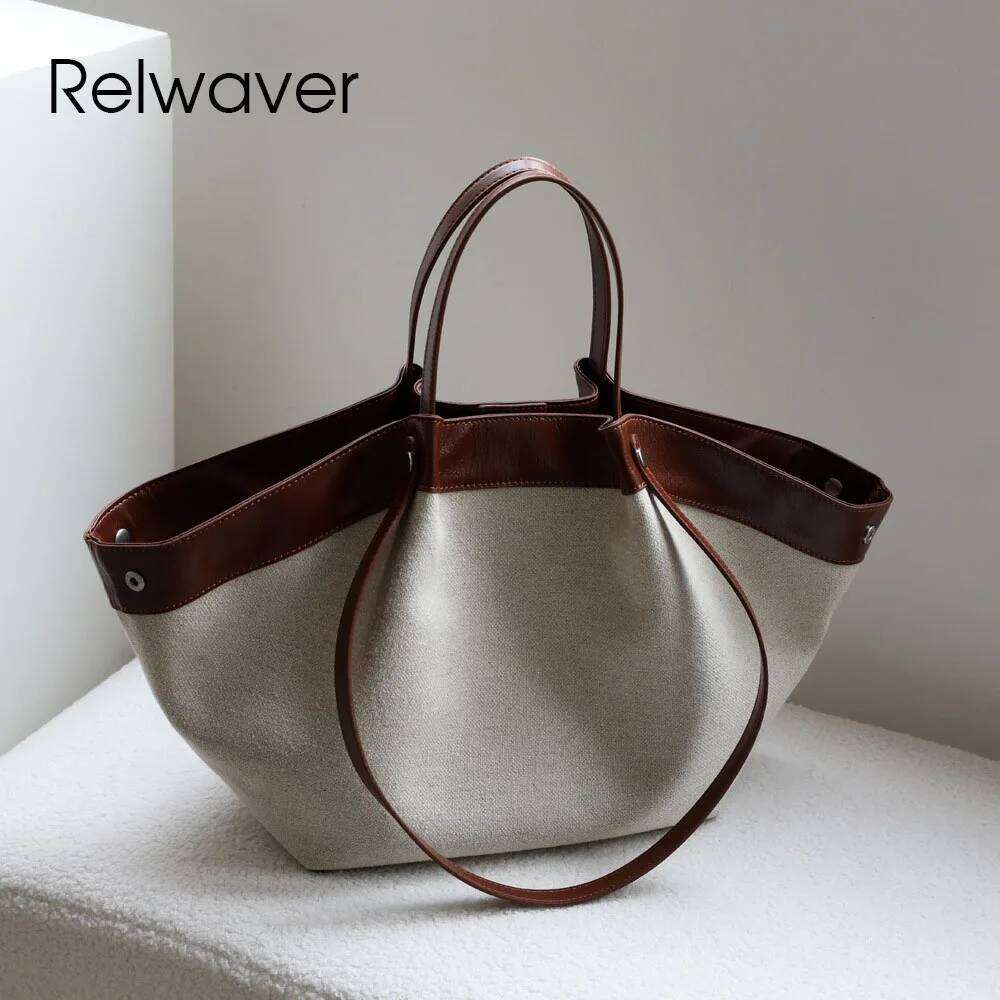 Luxury Designer bags Relwaver canvas genuine leather tote 2025 autumn winter trapeze big small shoulder commuting ladies chic hand bag