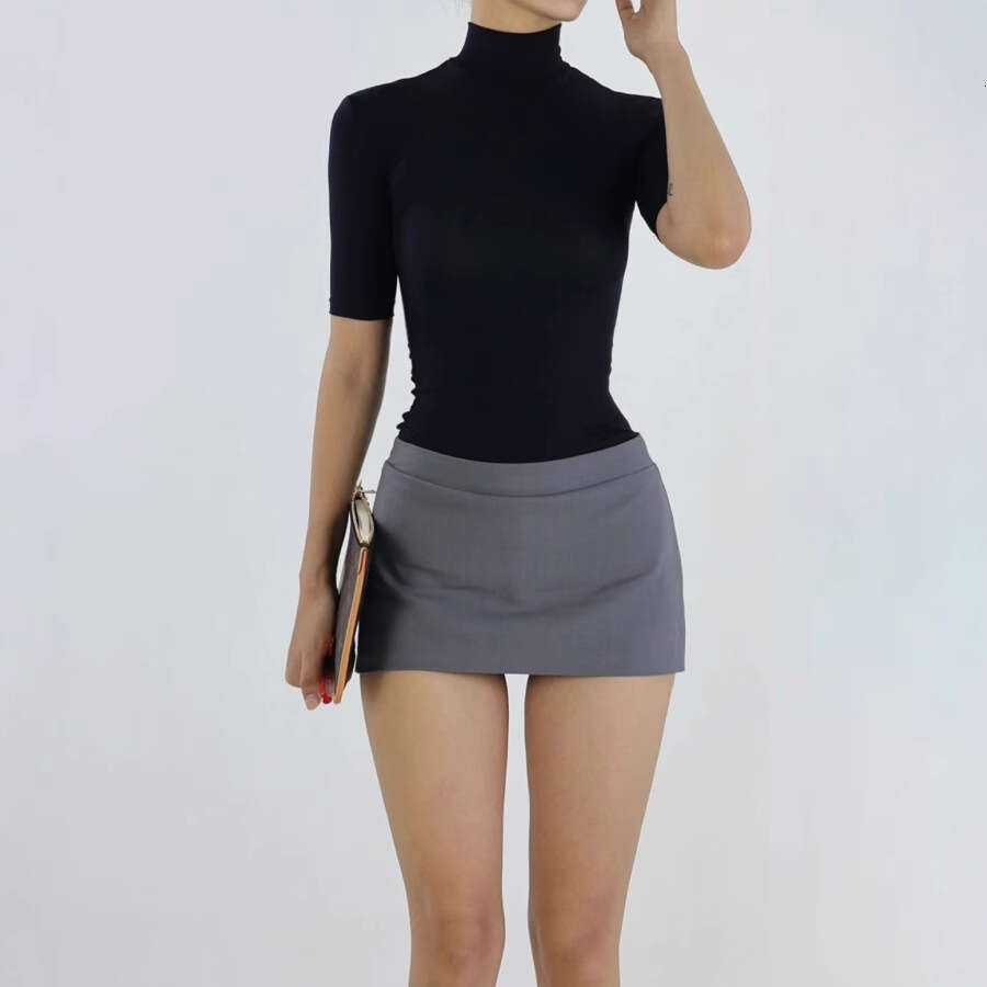 Tencel Lycra Skin-Friendly High Neck Regular Shoulder Five-Quarter Sleeve T-Shirt Slim Fit Thin Base Summer Top B5