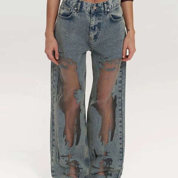 American Style Spicy Girl Straight Hollow Out Texture Niche Design Sense Jeans Loose Wide Leg Long Pants B5