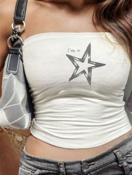 Summer New Short Sleeve Bread Casual Versatile Printed Crop Spicy Girl Outfit Base Shirt Tube Top Small Vest B5