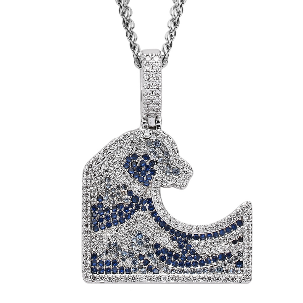 Luxury Moissanite Bling Iced Out Great Wave Kanagawa Colorful Diamond Studded Hip Hop Men's Trendy Necklace Accessory Pass the diamond tester
