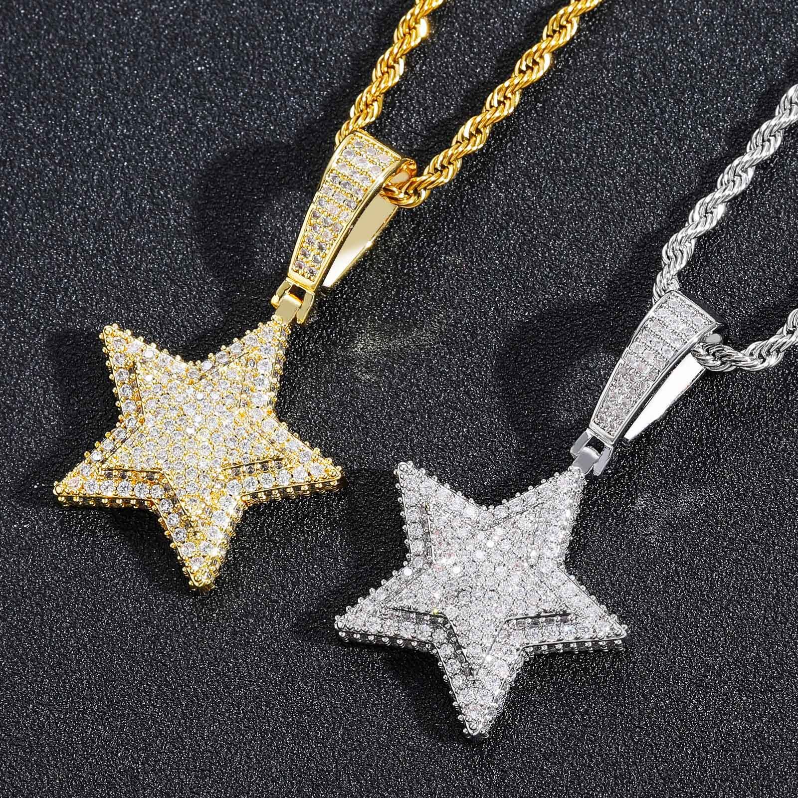 Hip Hop Double Layer Five Pointed Star Pendant Solid Ice Out Bling Unisex Accessory doll necklaces Pass the diamond tester