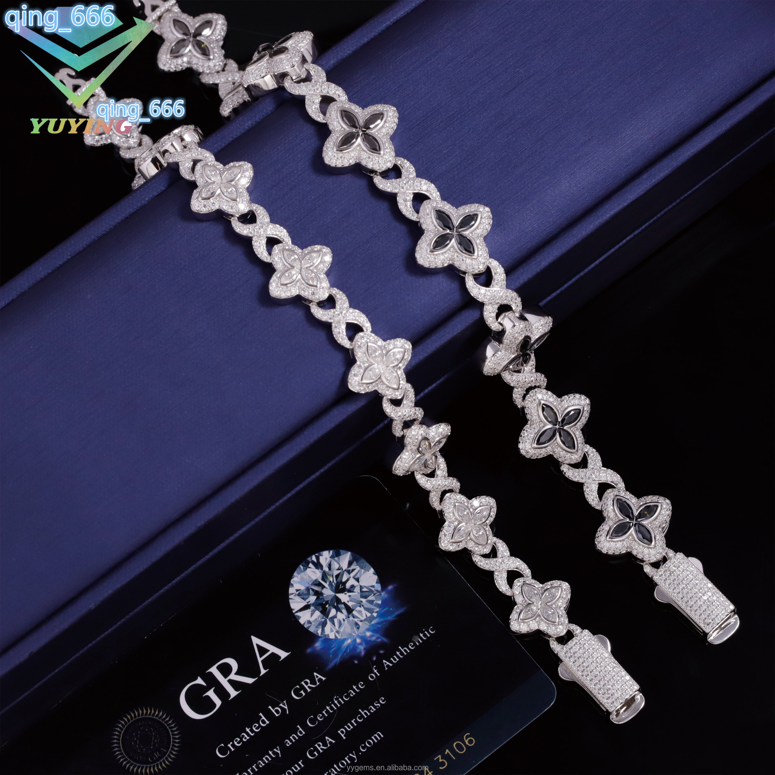 Ready to Ship 13mm 16mm Clover Bracelet S925 Silver Infinite Chain Black/white Moissanite Diamond Clover Bracelet for Women Girl