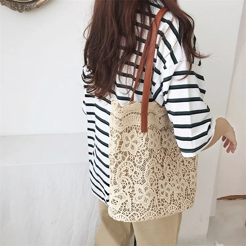 Bucket Shoulder Bag For Women Summer Korean Lace Elegant Tote Shopping Female Bags Lady Handbag Beach Bag 250624