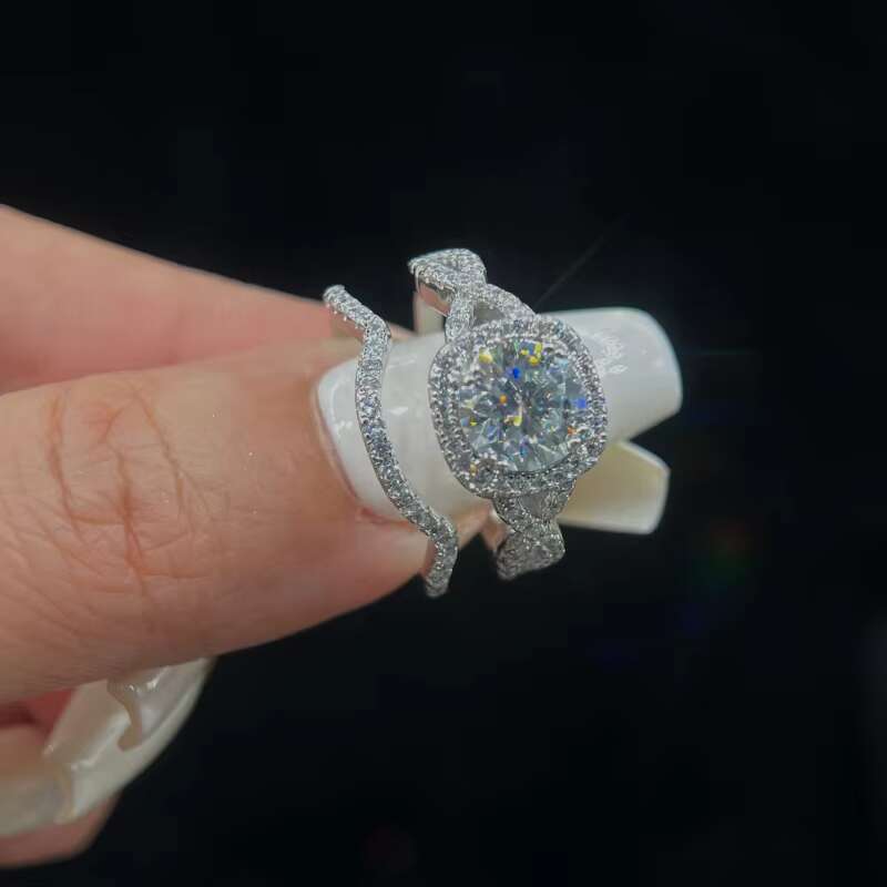 Luxury vvs 1 Ct 6.5Mm Halo Moissanite Diamond Wedding Ring Set Pure S925 Sterling Silver for Women Jewelry
