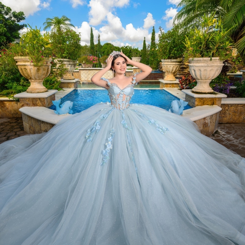 Sky Blue Shiny Quinceanera Dresses Ball Gown Off The Shoulder Applique Flower Beads Tull Corset Sweet 16 Dress Vestidos 15 Anos