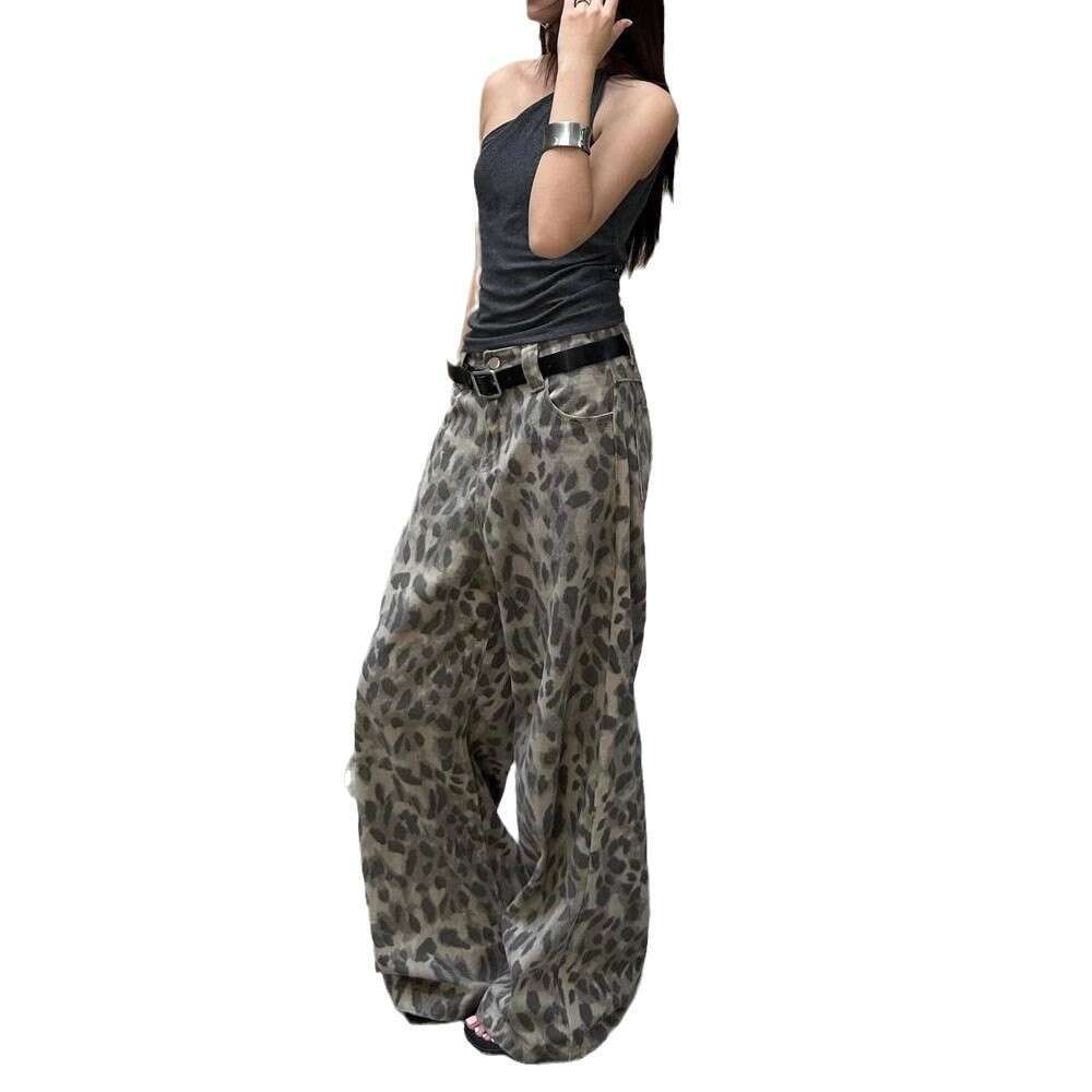 Vintage Washed Leopard Print Jeans For Women, Spring And Autumn New Style, Hip-Hop Casual Floor-Length Pants B5